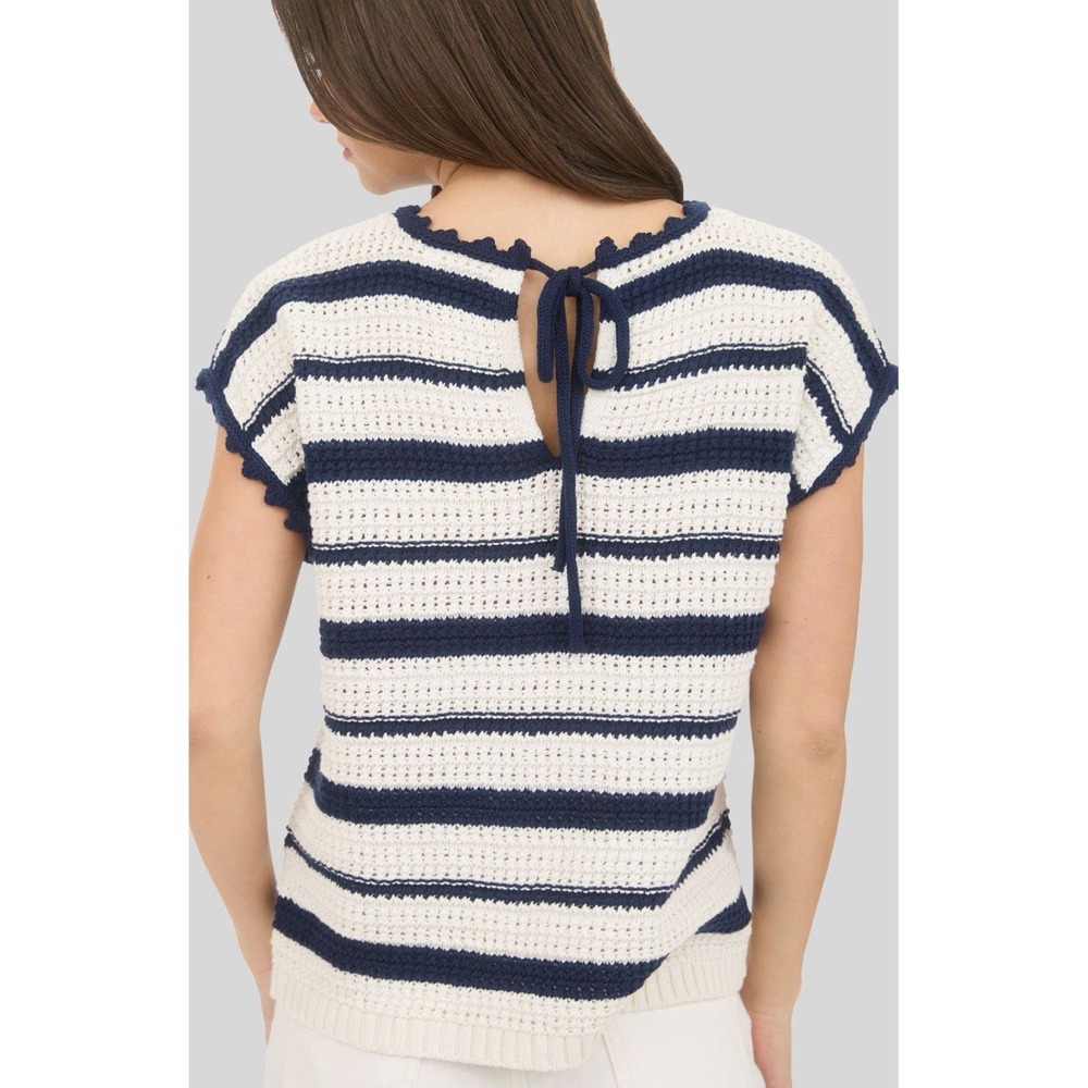 Blu Pepper Women's Short Sleeve Striped Crochet Sweater Navy Stripe Size Small - Picture 8 of 9